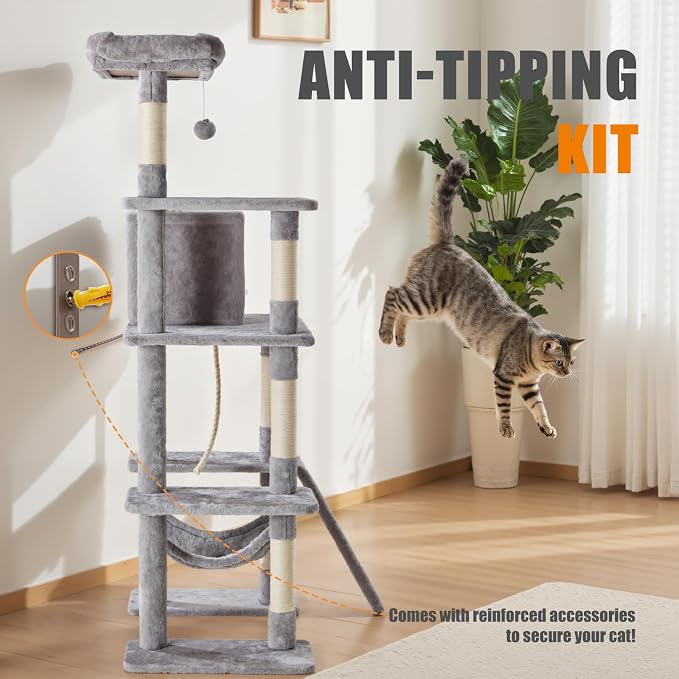 DUMOS Large 63in Cat Tree Tower, Multi Level Cat Climbing Tower with Condo, Natural Sisal Scratching Posts, Extended Platform, Hammock, Pet House for Indoor Cats and Kittens Play, Light Grey