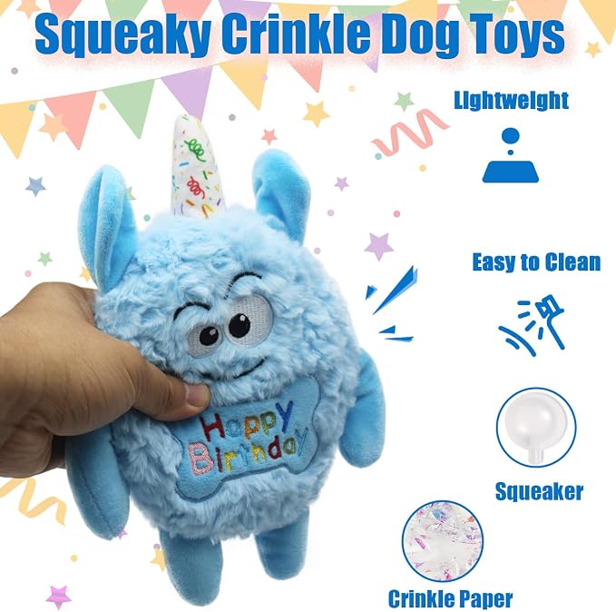Plush Dog Birthday Toy for Girl Boy Gifts, Crinkle Squeaky Dog Toy Keep Them Busy Tug of War Stuffed Dog Chew Toy for Small Medium Large Dogs (Sky Blue)