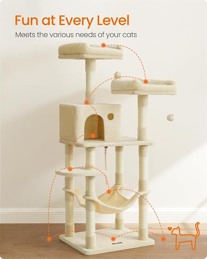 Feandrea Cat Tree, 55.8-Inch Cat Tower, Multi-Level Plush Condo with 11 Scratching Posts, 2 Perches, Hammock, Cave, Beige UPCT15BE