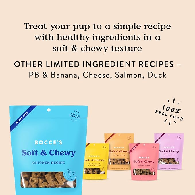 Bocce's Bakery Oven Baked Chicken Recipe Treats for Dogs, Wheat-Free Everyday Dog Treats, Made with Real Ingredients, Baked in The USA, Natural Soft & Chewy Cookies, Chicken, 6 oz