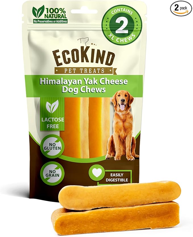 EcoKind Yak Cheese Himalayan Dog Chews, Yak Chews for Large Dogs, Long Lasting Bone for Aggressive Chewers, Only 3 Ingredients, Natural High Protein Dog Treat, No Additives, Lactose Free, XL - 2 Chews