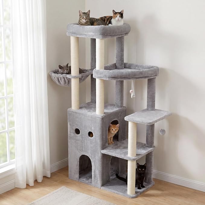 Heybly Cat Tree, 59.4" Secure Anti-Tip Cat Tower for Large Cats, Spacious Cat Furniture with Dual-Tier Cat Condo, 2 Top Perches, Hammock and Sisal Scratching Posts, Light Gray HCT055W