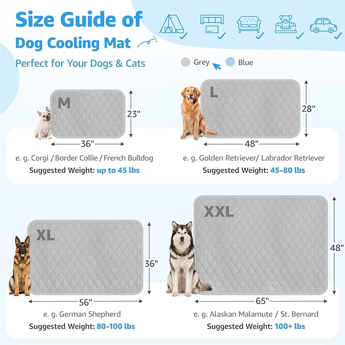 LOOBANI Dog Cooling Mat for Medium Dogs 36"x23"- Cooling Pad for Dog, Cool Blanket for Dogs Machine Washable, Pet Cool Mat for Indoor, Outdoor, Couches, Crates, Car Seats for Trips (Grey, 36"x23")