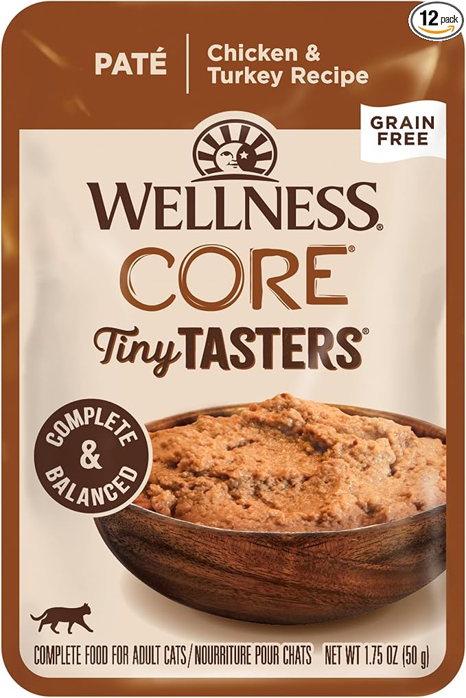 Wellness CORE Tiny Tasters Pate Adult Wet Cat Food, Natural, Protein Rich, Grain Free, Chicken and Turkey Recipe, 1.75 oz, Pack of 12 Pouches