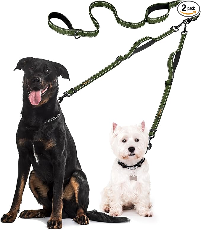 Dog Leash – Dual Reflective with Non-Tangle Design – Heavy Duty Nylon and Metal Buckles – Ideal (Khaki, 2 Dog Leash with Handle)
