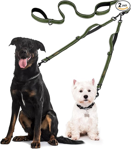 Dog Leash – Dual Reflective with Non-Tangle Design – Heavy Duty Nylon and Metal Buckles – Ideal (Khaki, 2 Dog Leash with Handle)