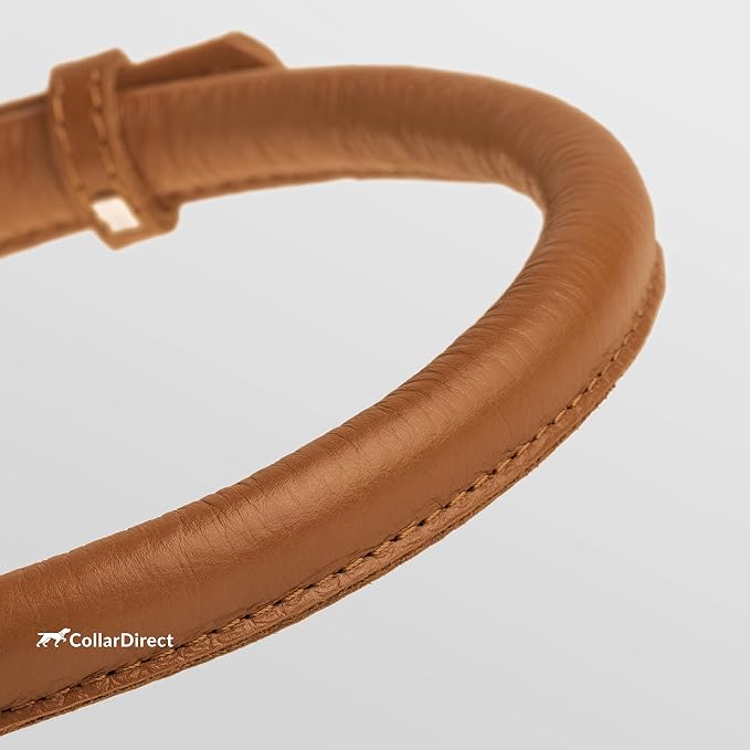 CollarDirect Rolled Leather Dog Collar, Soft Padded Round Puppy Collar, Handmade Genuine Leather Collar Dog Small Large Cat Collars Black Pink Red Purple Blue (Fits 15"-18" Neck, Brown)