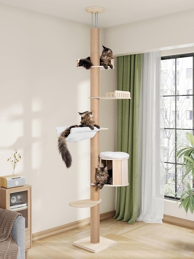 Aechonow Floor to Ceiling Cat Tree for Large Cats, Tall Cat Tower with Scratching Post, Adjustable Height(82-122 in), Large Condo Cave Bed Hammock for Indoor Cats, Wood