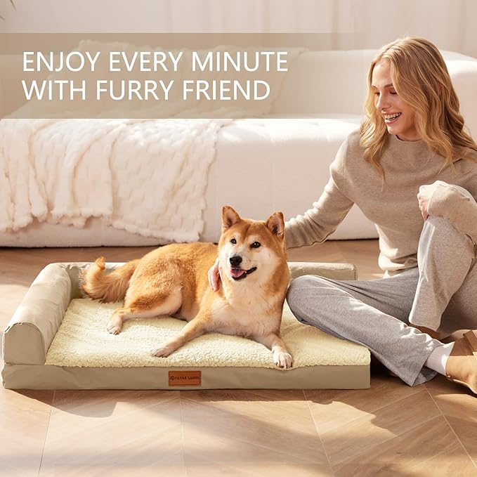 Patas Lague Orthopedic XL Dog Bed Large Sized Dog 48''X30'', Waterproof L Bolster Big Large Pet Sofa Beds with Removable Washable Cover, Soft Pet Couch Crate Mat with Nonskid Bottom, Beige