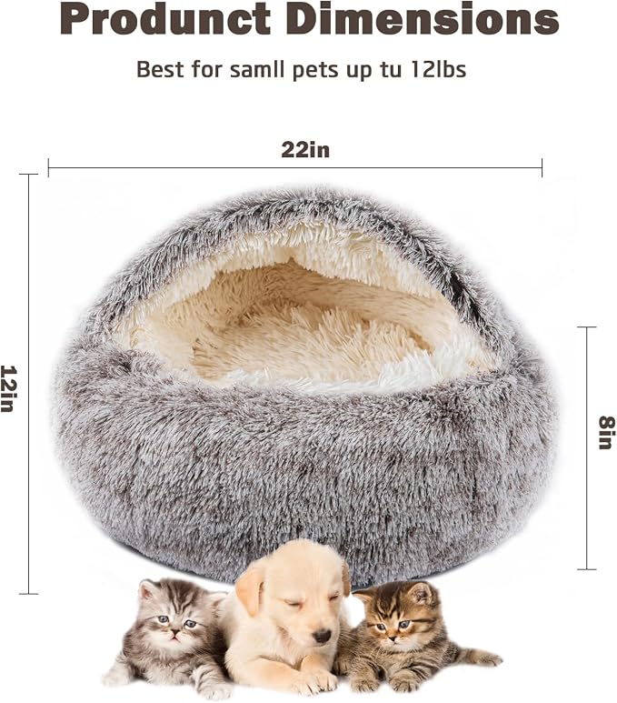 Cat Bed for Indoor Cats, Calming Cozy Cave with Self-Warming Plush, Entire Bed Machine Washable & Anti-Slip Base, Breathable Pet Bed for Small Cats&Dogs All Seasons (Khaki, 22 * 22inch)