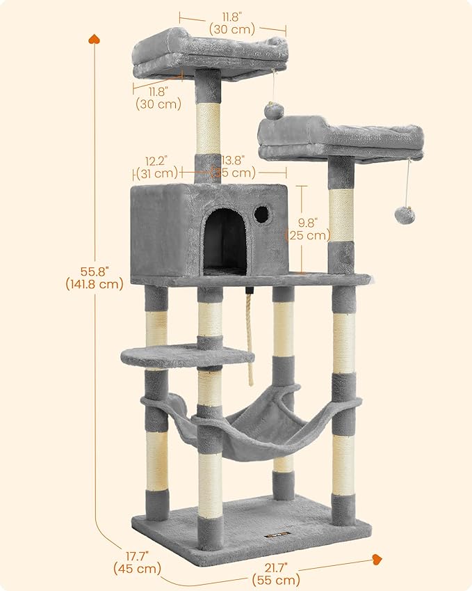 Feandrea Cat Tree, 55.8-Inch Cat Tower, Multi-Level Plush Condo with 11 Scratching Posts, 2 Perches, Hammock, Cave, Light Gray UPCT15W