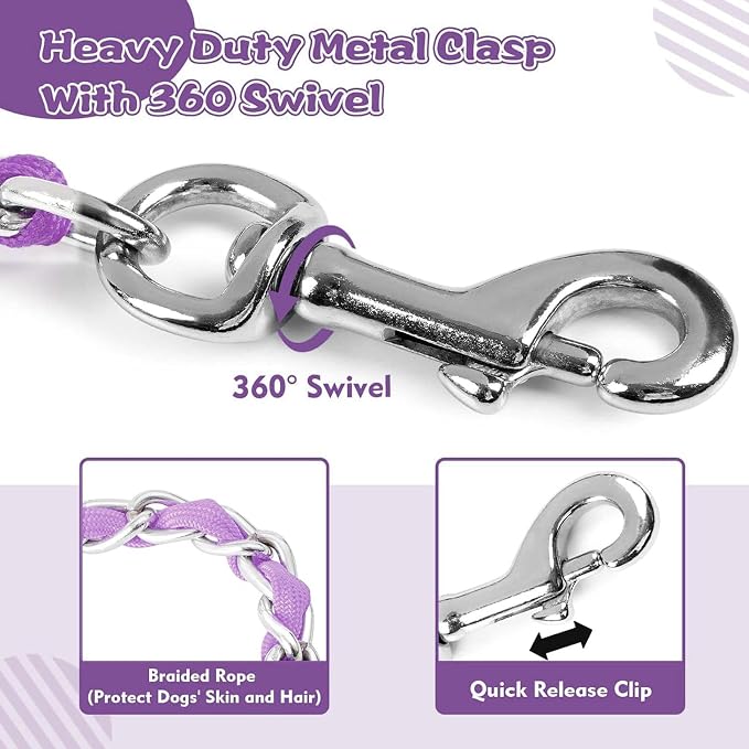 Heavy Duty Metal Dog Chain Leash with Comfortable PU Leather Padded Handle, Chew Proof for Medium Large Pooch Walking Training (6FT 3.5mm Purple)