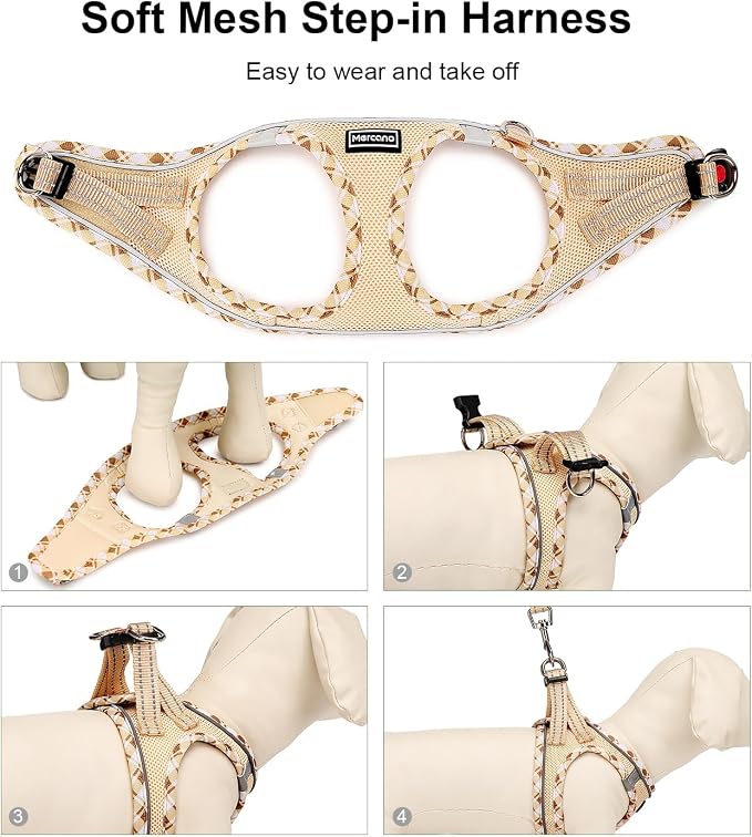 Mercano Soft Mesh Dog Harness and Leash Set, Step-in Reflective Breathable Lightweight Vest Harnesses with Safety Buckle for Small Dogs, Cats (Beige, XS)