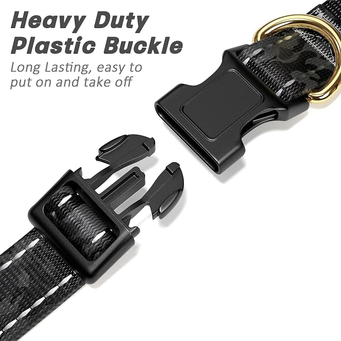 Reflective Dog Collar for Large Dogs, Cute Camouflage Adjustable Heavy-Duty Nylon Puppy Collar for Boy and Girl Female, Soft Pet Accessories with Quick Release Buckle, Black