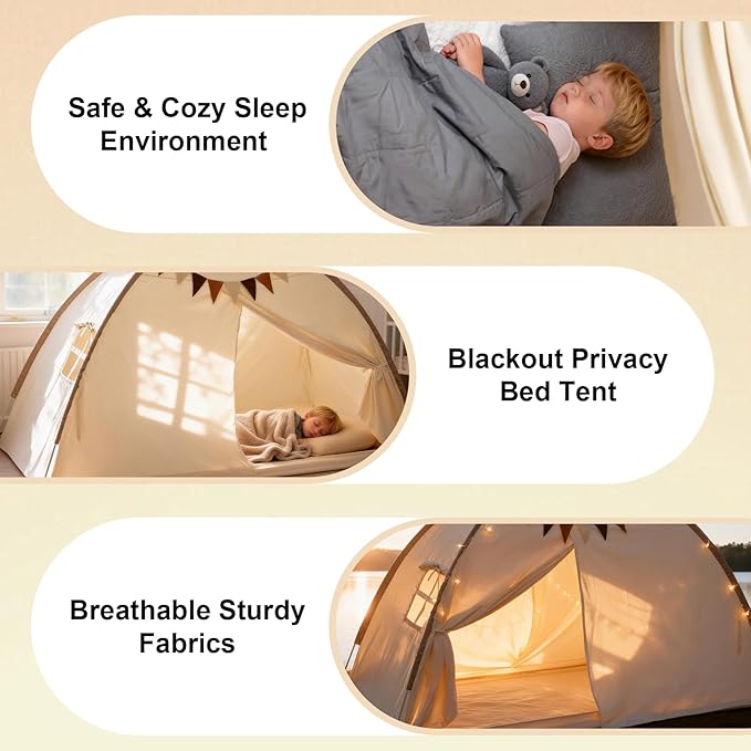 Redants Twin Bed Tent Canopy, Indoor Blackout Privacy Toddler Bed Tent for Kids with Light, Portable Sleeping Floor Kids Playhouse (Cream, Twin Size)
