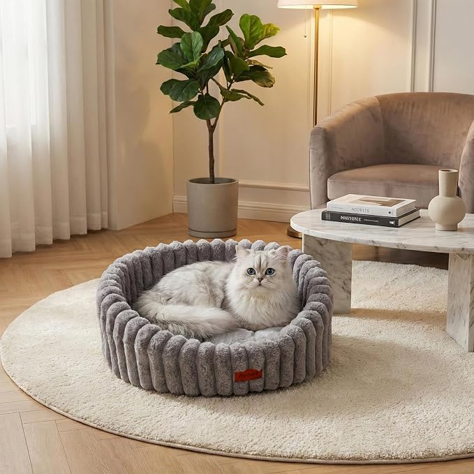 Avont Fluffy Cat Bed for Indoor Cats, Cozy Plush Sleeping Nest for All Sleep Styles, Washable Removable Cushion & Anti-Slip Base, Calming Round Bed for Kittens & Small Dogs – Grey(S)