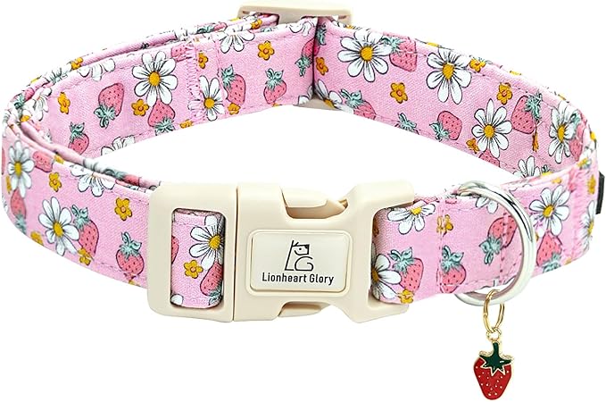 Lionheart glory Dog Collar Strawberries Print Pink Dog Collars Girl Spring Summer Cute Collar Pet Gift Durable Adjustable Dog Collar for Lage Dogs
