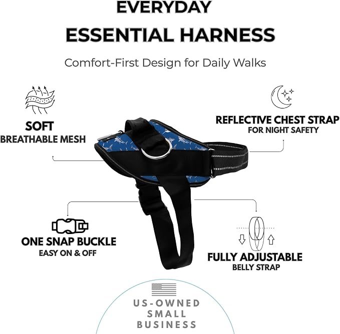 ShawnCo Essential Dog Harness, No-Pull Pet Vest with 3 Leash Clips, No Choke, Reflective, Adjustable and Padded, for Easy Walking and Training for Small, Medium and Large Dogs (White Sharks, M)