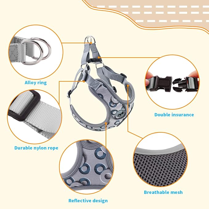 Dog Harness with Leash Set, Adjustable Step in Dog Harness with Breathable Padded Vest for Small Training (XS, Gray with Circle)