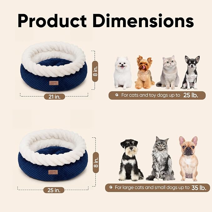 FUKUMARU Cat Bed, Calming Donut Dog Beds, Plush Faux Fur&Corduroy Kitten Beds, Cute Round Washable Pet Bed for Large Cats and Puppy, Cat Cave with Anti-Slip Bottom, 21inch, Blue