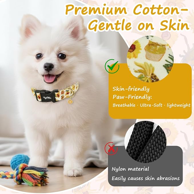 Dog Collar with Sunflower Patterns, Spring Summer Collection Yellow Dog Collar with Exquisite Pendant, Durable Adjustable Collars for Gifts & Daily Use-S