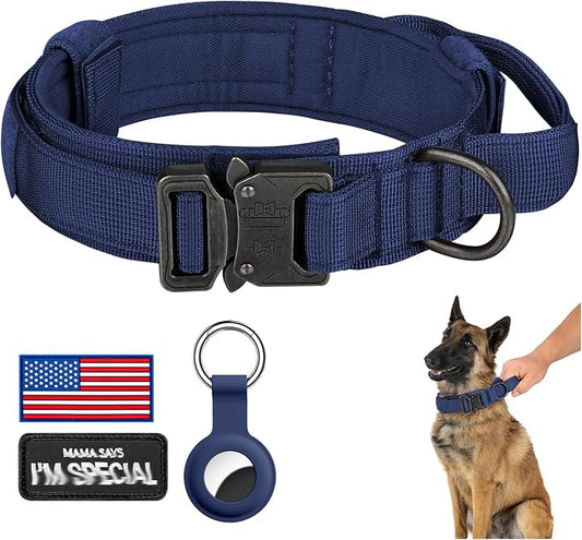 DAGANXI Tactical Dog Collar, Adjustable Military Training Nylon Dog Collar with Control Handle and Heavy Metal Buckle for Medium and Large Dogs, with Patches and Airtags Case (Midnight Blue, XL)