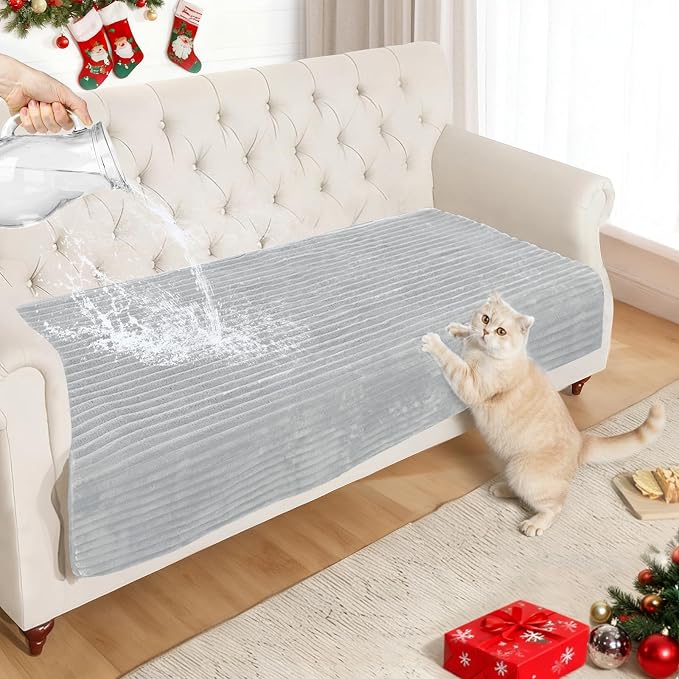 NAISI Couch Covers for Dogs Waterproof Flannel Striped Sofa Cover Pet Friendly Washable Dog Mat for Couch Anti Slip Sectional Sofa Slipcover Protector(1pc/35"x 82",Light Grey)