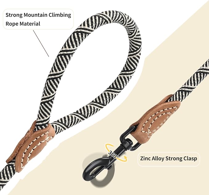 Mile High Life Rope Leash with Genuine Leather Connection, 6 FT/5 FT/4 FT, Heavy Duty Leash for Medium & Large Dogs (Black Beige, 72 Inch)