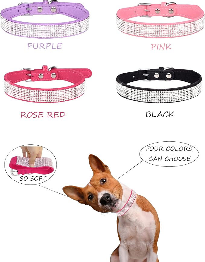 Dog Collar for Medium Dogs, Adjustable Leather Suede Bling Dog Collars，Black Dog Collar Cat Collar, Rhinestone Dog Collar (M, Black)