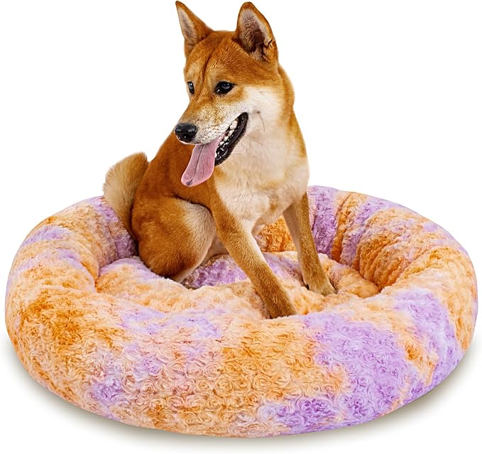 Calming Dog Bed for Medium Dogs Cats, Puppy 31'' Round Anti-Anxiety Warm Fluffy Plush Faux Fur Bed, Soft Anti-Slip Donut Washable, Cozy Medium Puppy Bed, Fits up to 50 lbs Pets