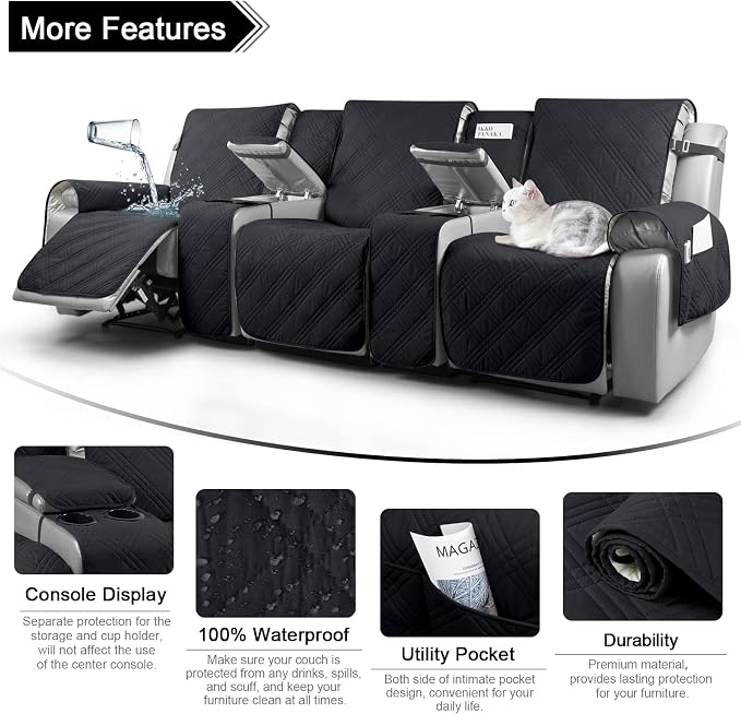 TAOCOCO 100% Waterproof Recliner Couch Covers for 3 Cushion Couch with Console, Recliner Sofa Cover for 3 Seat Sofa, Split Reclining Sofa Cover Furniture Pets Kids Protector (3 Seater, Black)