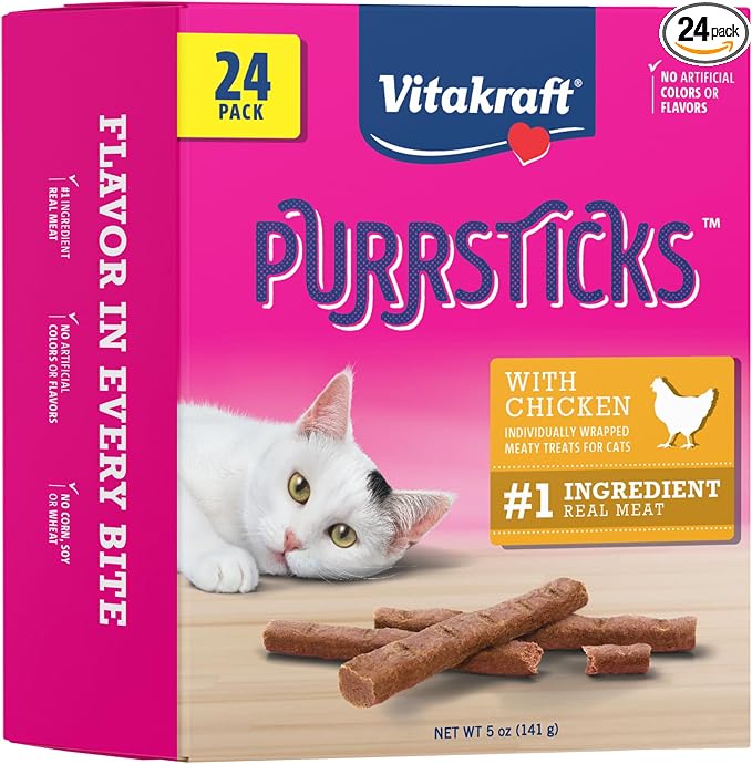 Vitakraft PurrSticks for Cats - Nutritious & Healthy Soft Cat Treats - Gently Oven Roasted Meat Sticks for Cats w/ 70% Meat - Easy-to-Serve Cat Chew Sticks (Chicken, 24 Pack)