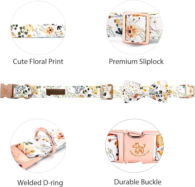 Elegant little tail Dog Collar, Floral Pattern Pet Collars with Bow Girl Cotton Bowtie Collars Spring Puppy Gift Adjustable Pet Collar for X-Large Dogs