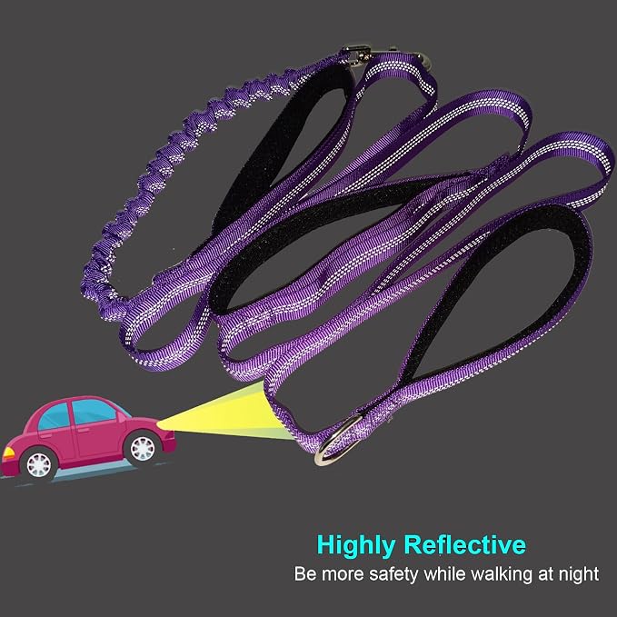 BTINESFUL 8ft Dog Leash with 3 Handles, Triple Handle, Reflective, Shork Absorbing Bungee, Control & Safety Training for Large Medium Dogs (Purple, 1 in x 8 ft)