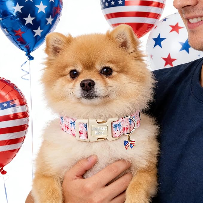 Lionheart glory Patriotic Flag Dog Collar - 4th of July American Flag Dog Collars,Pink Bow Pattern Adjustable Pet Collar for Large Dogs Male Female Dogs Summer Pet Collars