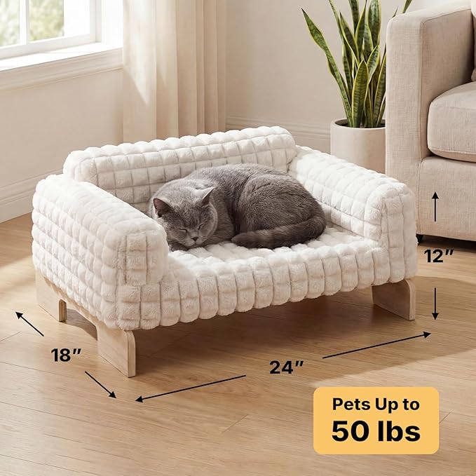 Veehoo Elevated Cat Bed Indoor, Wood Furniture Style Cat Couch Sofa with Removable Washable Cover, Cute & Fluffy Small Cats Bed Furniture for Home