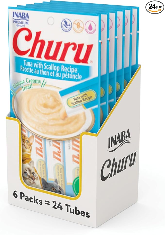 INABA Churu Cat Treats, Lickable, Squeezable Creamy Purée Cat Treat with Green Tea Extract & Taurine, 0.5 Ounces Each Tube, 24 Tubes (4 per Pack), Tuna with Scallop Recipe