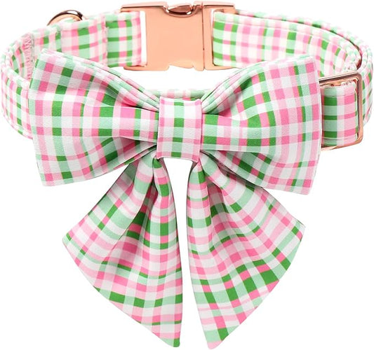 Maca Bates Plaid Dog Collar with Sailor Bow Tie,Cherry Pink Green Gingham Pattern for Large Girl Boy Dogs,Adjustable Durable Soft Collars Irish Gift for Male Female Puppy