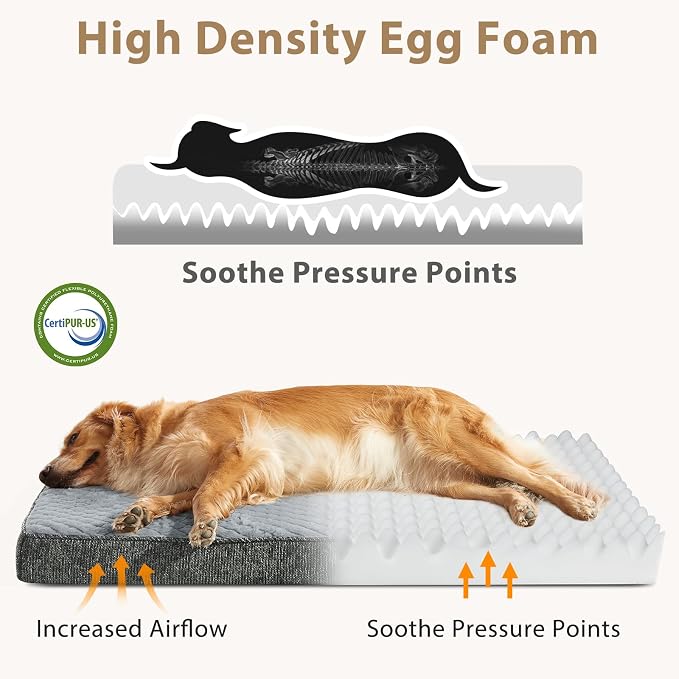 JOEJOY Orthopedic Dog Bed for Large Dogs, Washable Dog Crate Bed Large Sized with Removable Cover, Egg Memory Foam Big Pet Beds, Light Grey, 35"x22"