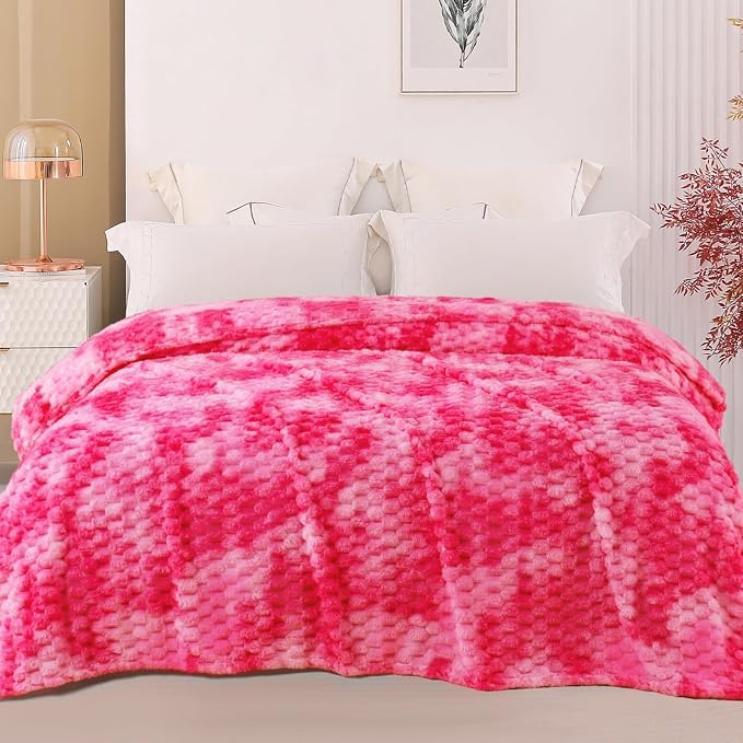 Exclusivo Mezcla Fleece Twin Blanket for Bed, Extra Large Fuzzy Tie-dye Hot Pink Bed Blankets, Soft Cozy Plush Sofa Throws for All Seasons, 60x80 Inches