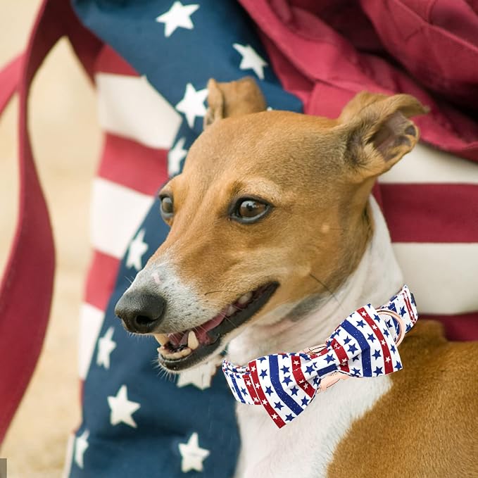 Elegant little tail Independence Dog Collar, Patriotic Pet Collar with Bow Tie American 4th of July Pet Cotton Soft Boy Girl Adjustable Collars for Medium Dogs