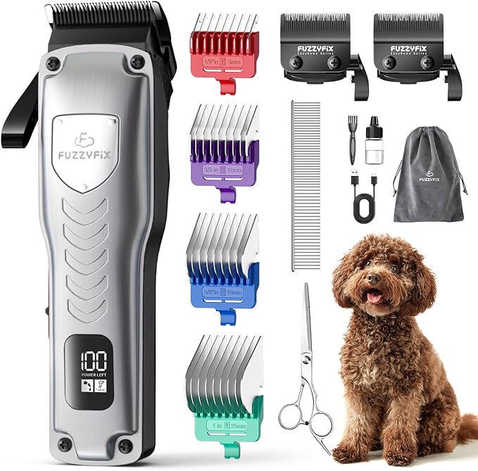 Professional Dog Clippers for Grooming Thick Coats, Upgraded Metal Guide Comb Low Noise Cordless Dog Grooming Kit, Dogs Hair Clippers with 2 Detachable Stainless Steel Blade for Curly/Wavy/Matted Fur