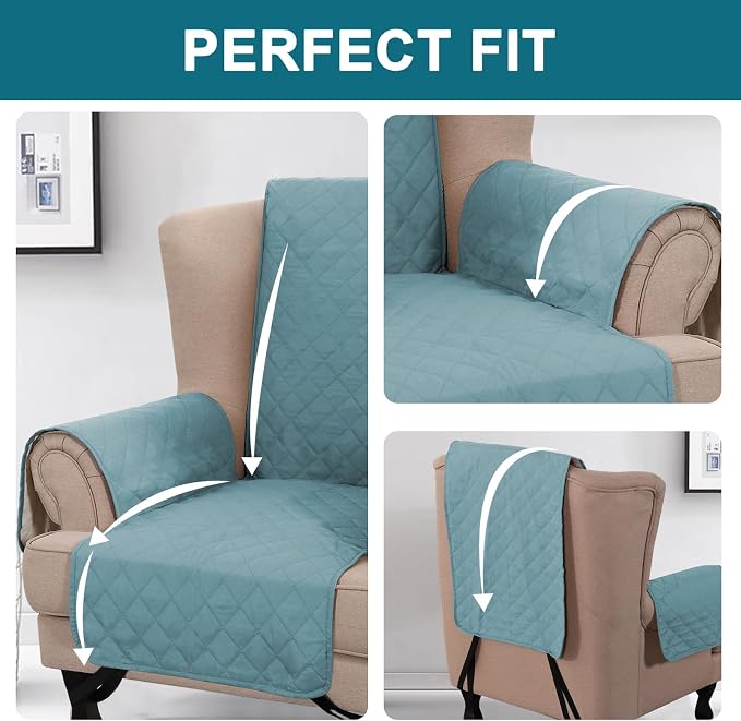 Turquoize 100% Waterproof Wing Chair Cover Wing Armchair Slipcovers Chair Couch Protector Triple Non-Slip Sofa Slipcover Furniture Protector for Pets, Kids,Dog (Wing Chair, Stone Blue)