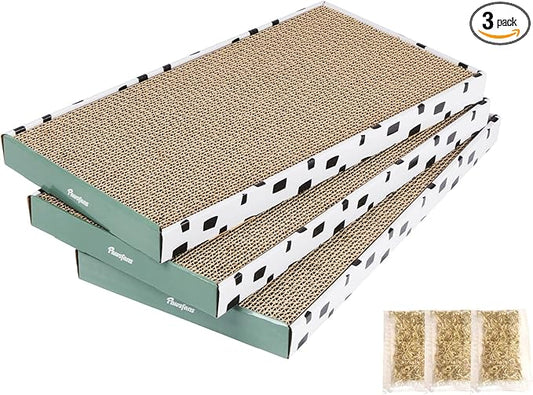 PAWSFANS Cat Scratcher Cardboard Scratch Pad with Box,Durable Corrugate Scratching Board Kitty Sofa Lounge Bed Reversible Catnip Included for Indoor Cats,Large (Box, 3pcs)