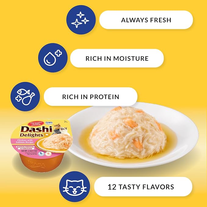 INABA Dashi Delights for Cats, Shredded Chicken Side Dish with Bonito Flake Broth, Cat Food Complement with Taurine & Green Tea Extract, 2.5 Ounce Cup, 12 Cups Total, Chicken Variety