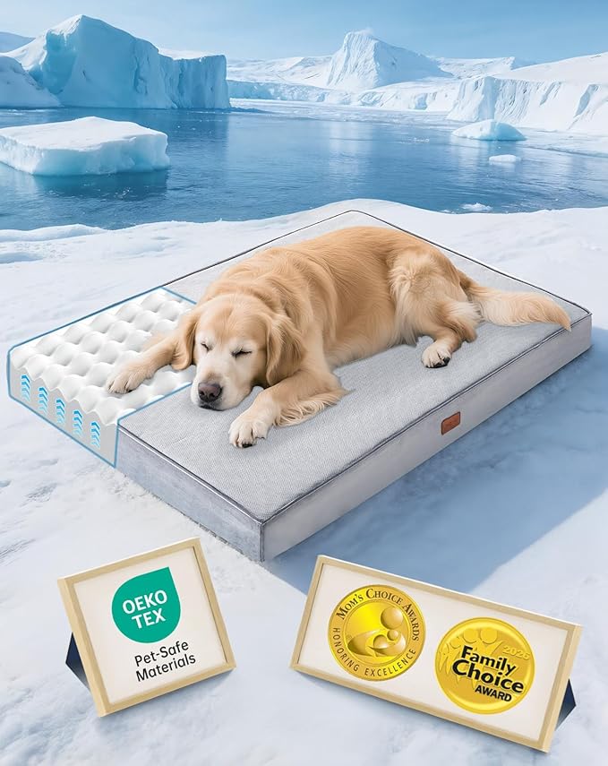 OhGeni Orthopedic Cooling Dog Bed for Large Dogs, Cooling Mat with Machine-Washable Removable Cover in Easy-Clean Fabric, High Density Foam & Easy-Carry Handle, Summer Pad, 44 inch (Gray)