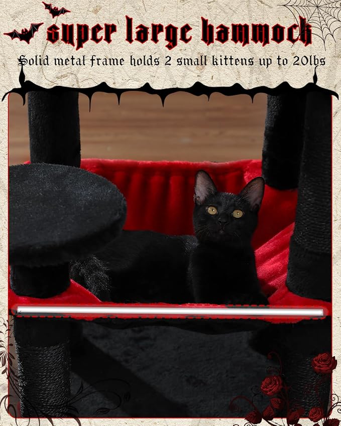MUTTROS Gothic Cat Tree with Super Large Hammock, 45.7" Black Cat Tower with Coffin Bed, Cat Condo, Sisal Scratching Posts & Top Perch, Multi-Level Goth Cat Tree, Halloween, Black