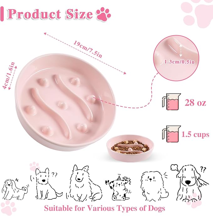 Ceramic Slow Feeder Dog Bowls, 1.5 Cups Dog Food Dish for Medium and Large Breed, Puzzle Dog Food Bowl for Fast Eater, 28OZ, 7.5 inch(Pink)