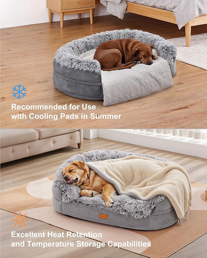 iweepet Fluffy Claiming Jumbo Orthopedic Dog Beds for Extra Large Dogs, Supportive Dog Sofa Bed with 3.7 inch 28D Egg-Crate Foam, Removable Washable Plush Cover, Waterproof Lining, 48’’,Grey