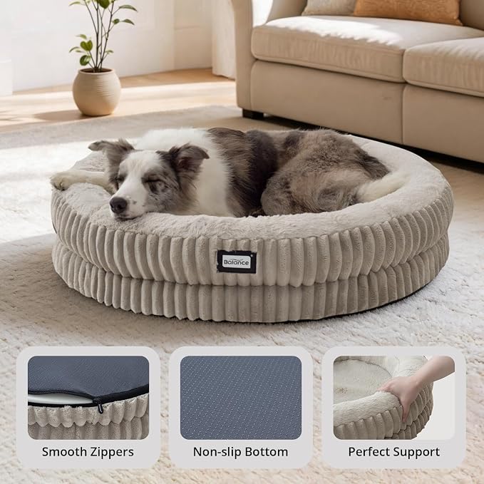 BALANCE Donut Dog Bed, 36 Inches Round Dog Bed Large Size Dogs Washable, Orthopedic Calming Dogs Beds for Pets, Fluffy Plush Faux Fur Pet Bed with Anti-Slip Bottom